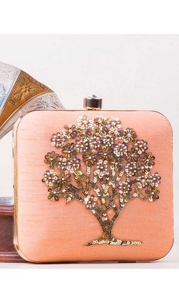 Flamboyant Peach Color Synthetic Velvet Exclusive Designer Clutches - 528065056