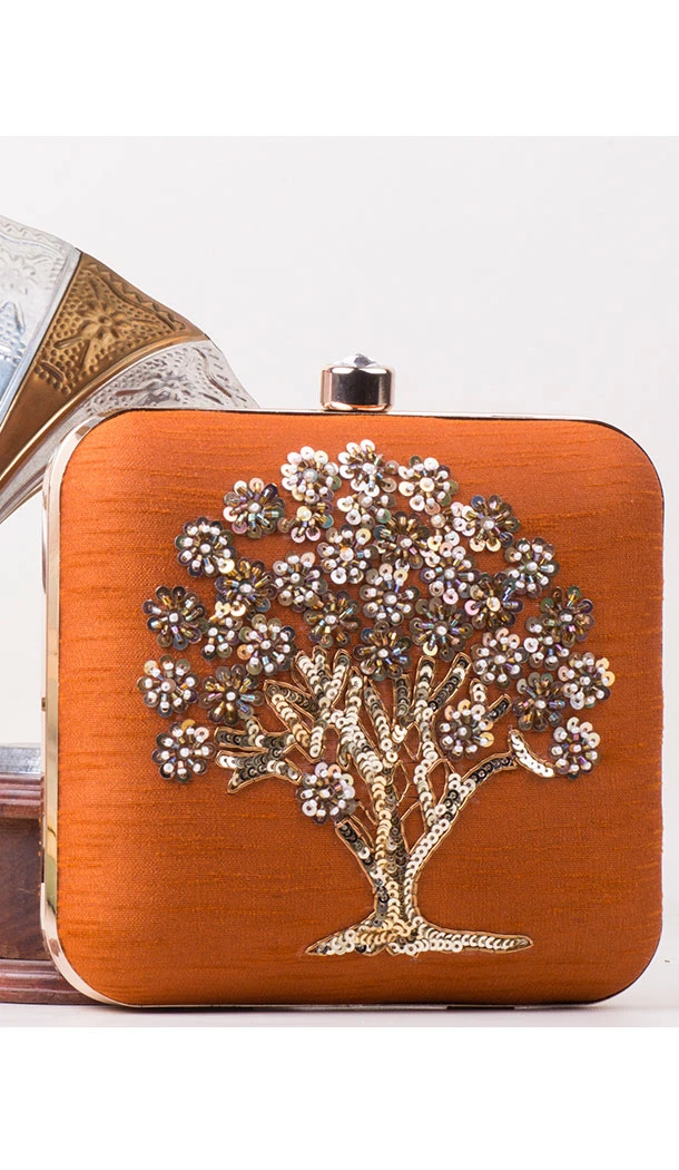 Orange Color Synthetic Velvet Exclusive Designer Clutches - 528065057