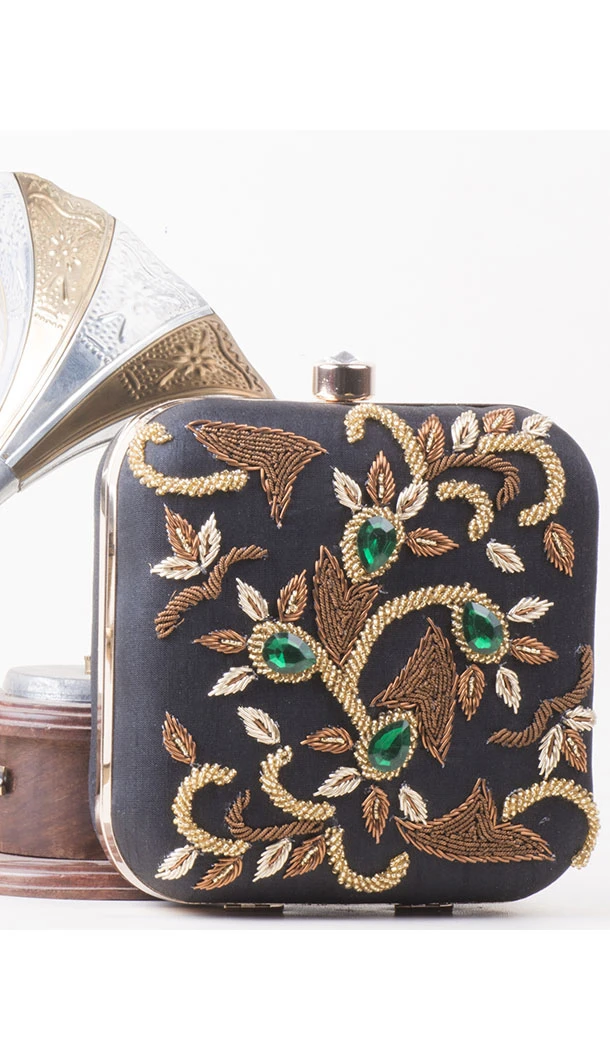 Contemporary Black Color Synthetic Velvet Exclusive Designer Clutches - 528065059