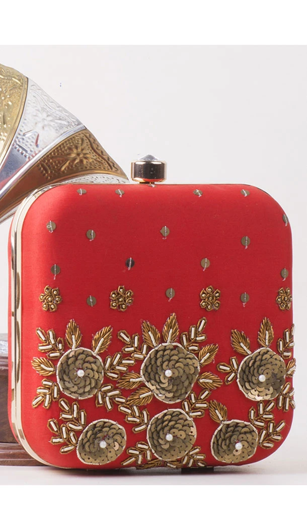 Enigmatic Red Color Synthetic Velvet Exclusive Designer Clutches - 528065061