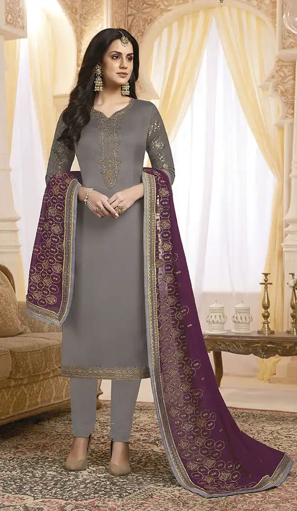 Splendorous Grey Color Satin Georgette Pakistani Style Salwar Kameez - 65115270