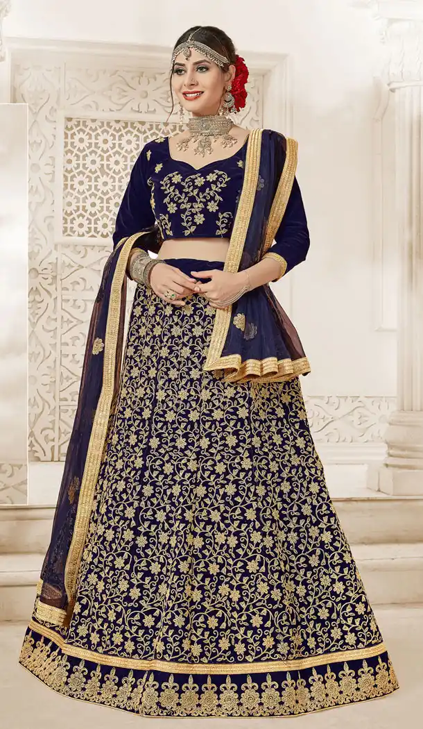 Melodic Navy Blue Color Velvet Embroidery Traditional Plus Size Lehenga Choli - 530865302