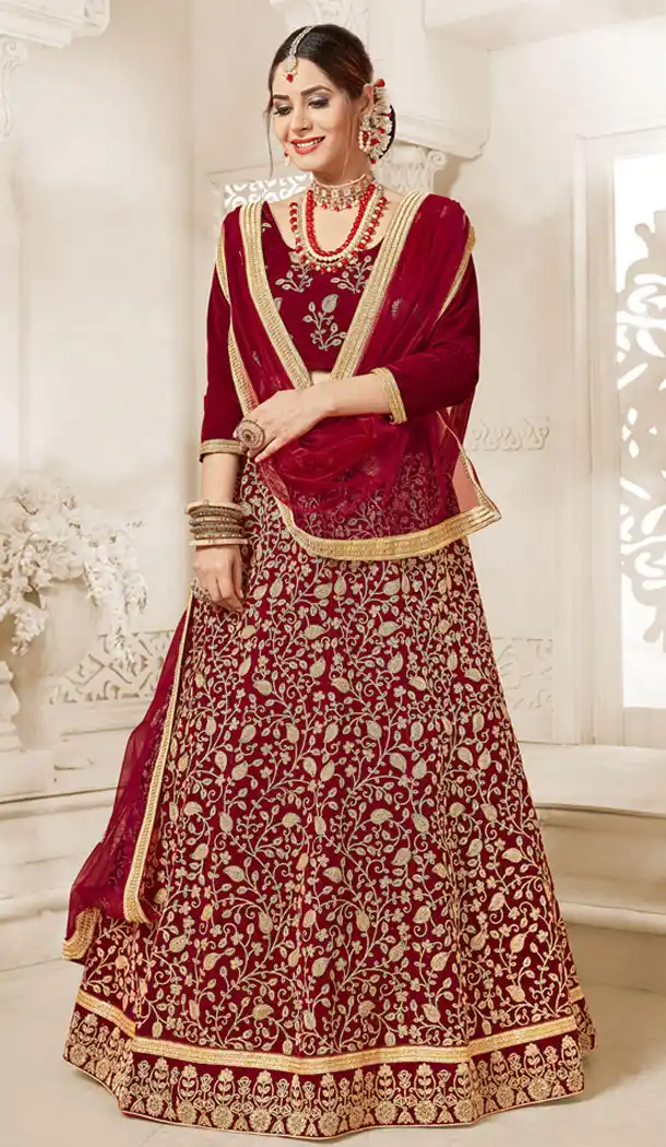 Majesty Maroon Color Velvet Embroidery Traditional Plus Size Lehenga Choli - 530865304