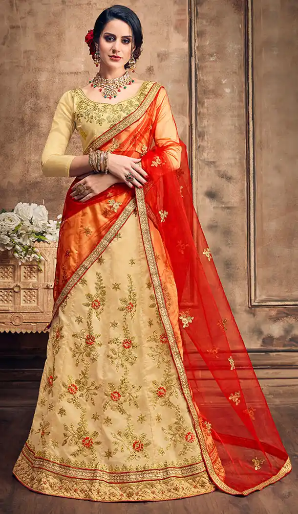 Gorgeous Beige Color Silk Casual Party Wear Plus Size Lehenga Choli - 530965309