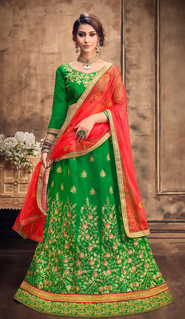 Ethnic Green Color Silk Casual Party Wear Plus Size Lehenga Choli - 530965310
