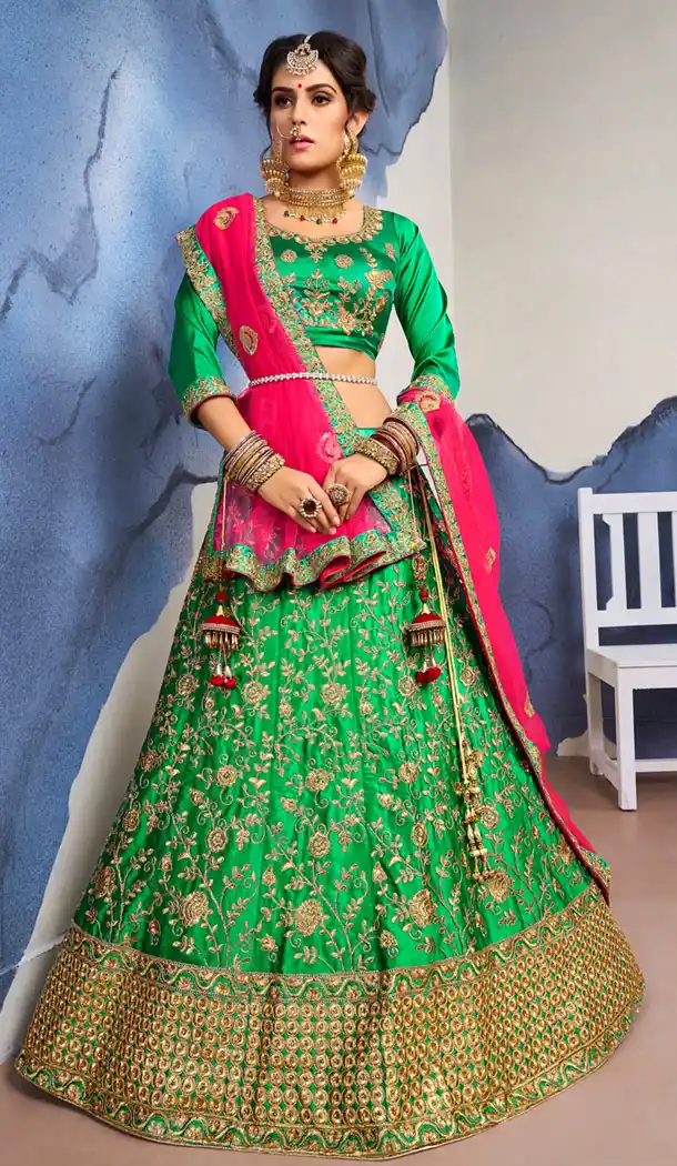 Vivacious Green Color Satin Silk Traditional Party Plus Size Lehenga Choli - 531065316