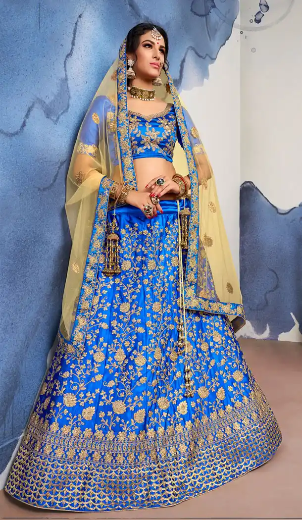 Blue Color Satin Silk Traditional Party Plus Size Lehenga Choli - 531065317