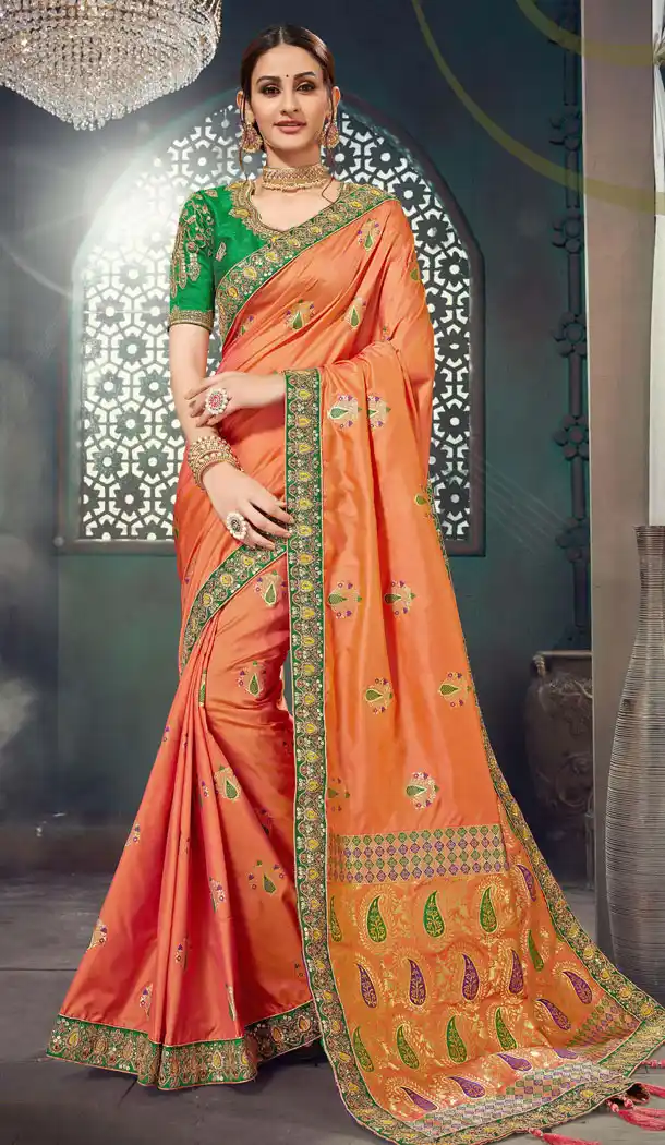 Orange Color Bhagalpuri Silk Designer Treditional Saree Blouse - 521964019