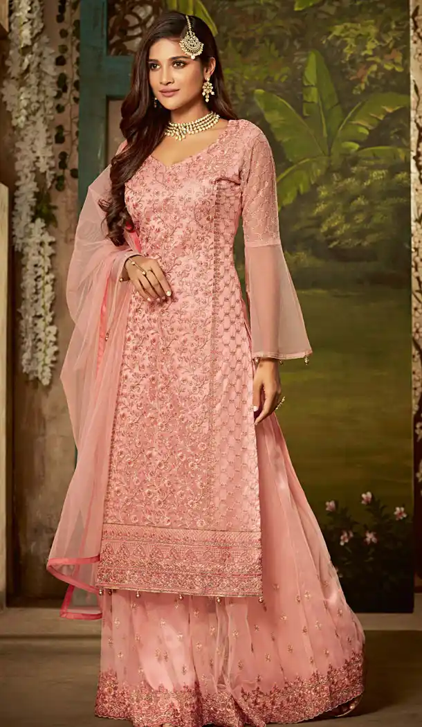 Classy Peach Color Pakistani Style Sharara Salwar Kameez - 529965243