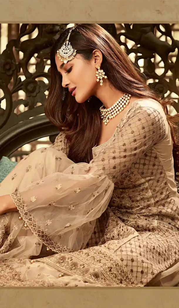 Elegant Beige Color Pakistani Style Sharara Salwar Kameez - 529965244