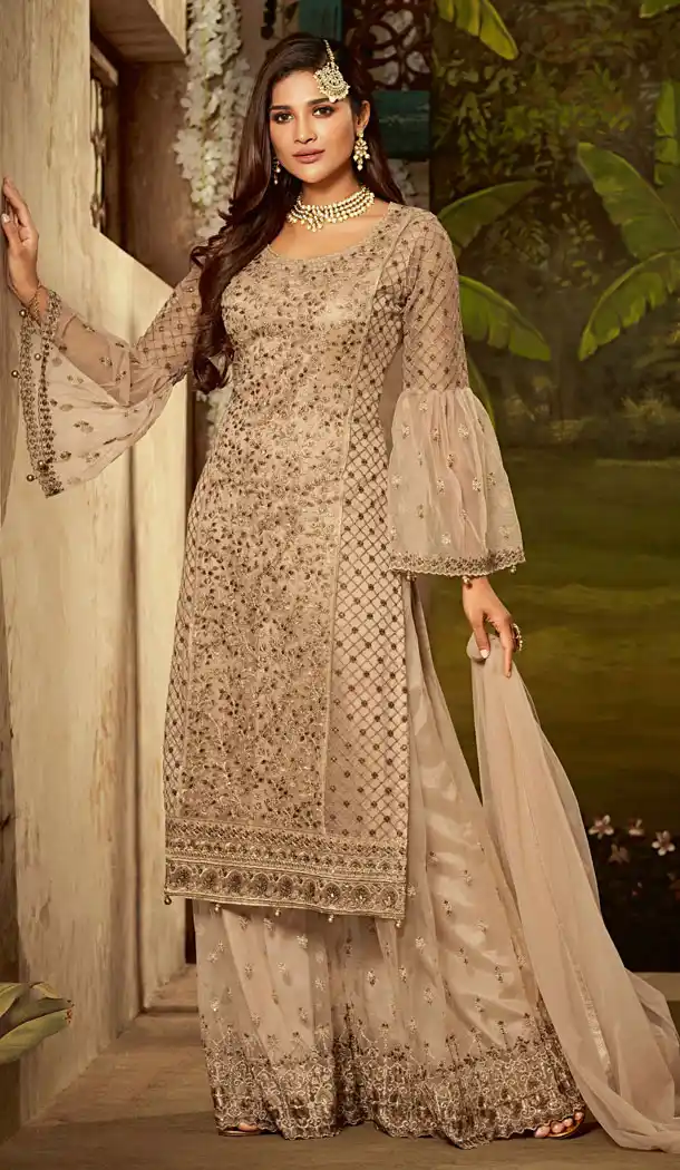 Elegant Beige Color Pakistani Style Sharara Salwar Kameez - 529965244