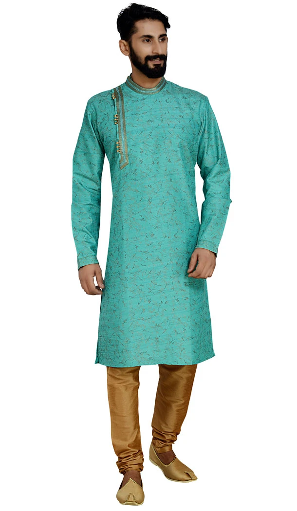 Turqiose Color Dhupion Silk Designer Readymade Men Kurta Pajama - 529565209