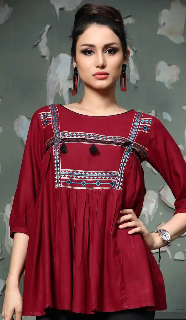 Attractive Maroon Color Rayon Party Wear Readymade Crop Top - 530465269