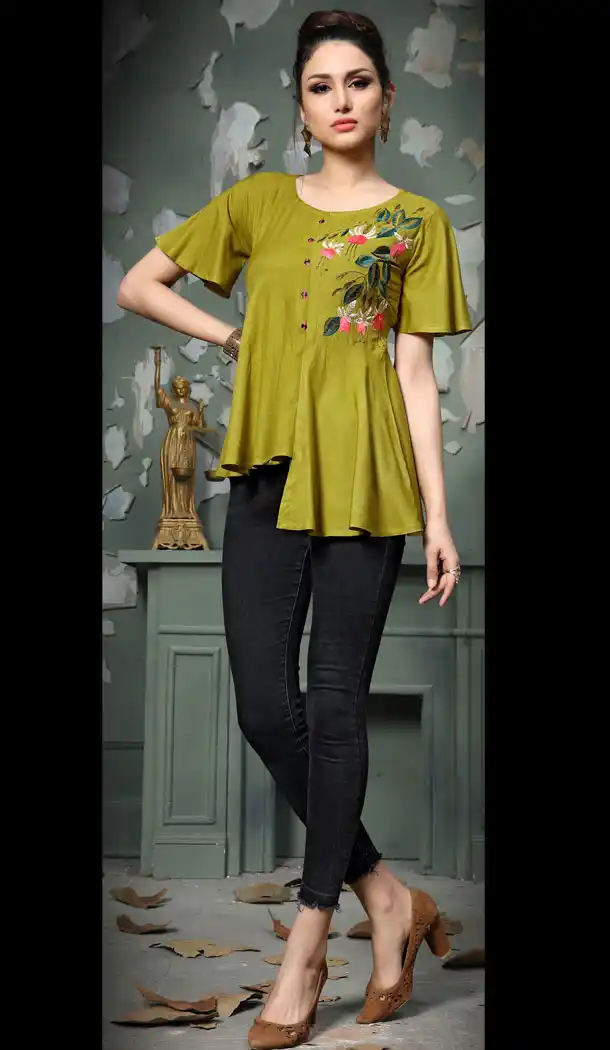 Olive Green Color Rayon Party Wear Readymade Crop Top - 530465274