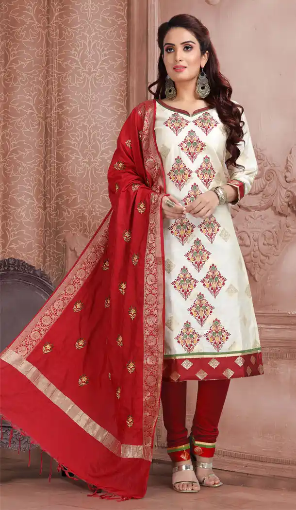 Off White Color Banaras Chanderi Casual Wear Salwar Kameez - 532965474