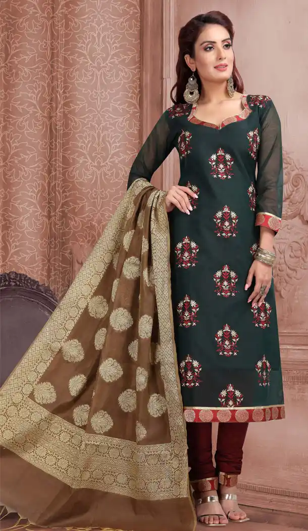 Bottal Green Color Banaras Slub Silk Casual Wear Salwar Kameez - 532965476