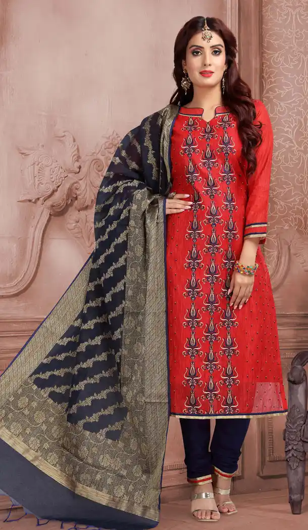 Melodic Red Color Banaras Chanderi Casual Wear Salwar Kameez - 532965478