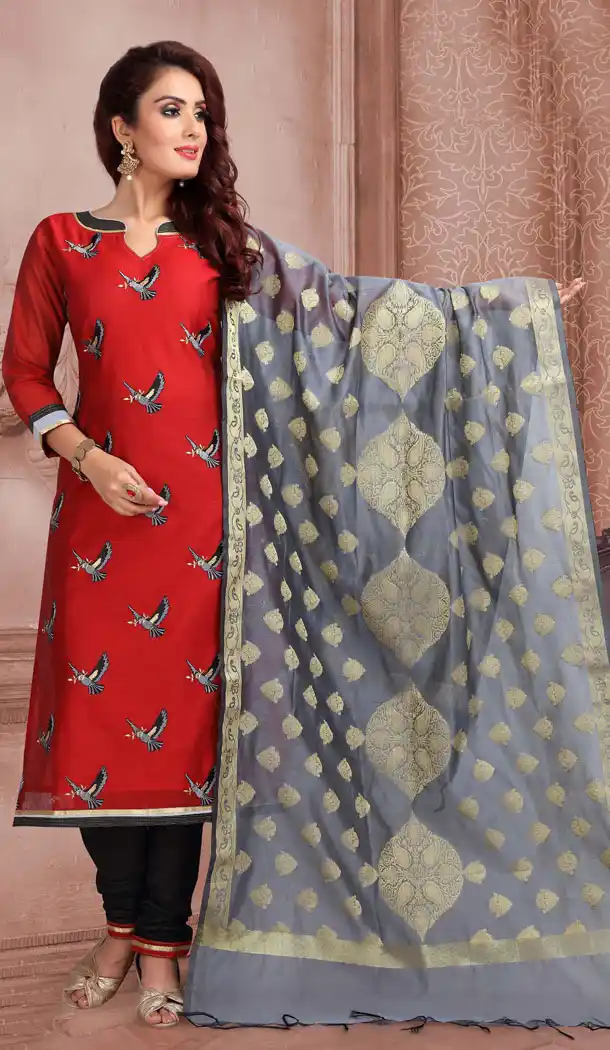 Captivating Red Color Banaras Slub Casual Wear Salwar Kameez - 532965480
