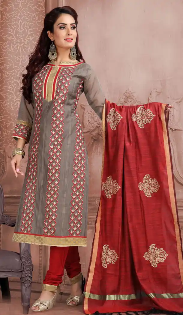 Classy Grey Color Banaras Slub Casual Wear Salwar Kameez - 532965481
