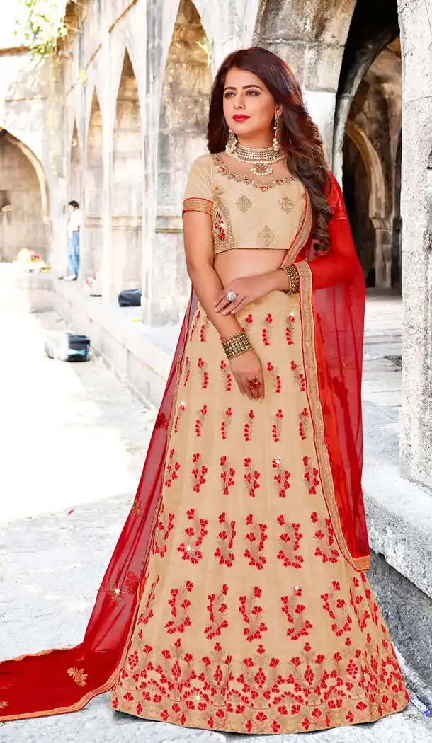 Alluring Beige Color Organza Embroidered Party Wear Plus Size Lehenga Choli - 534865786