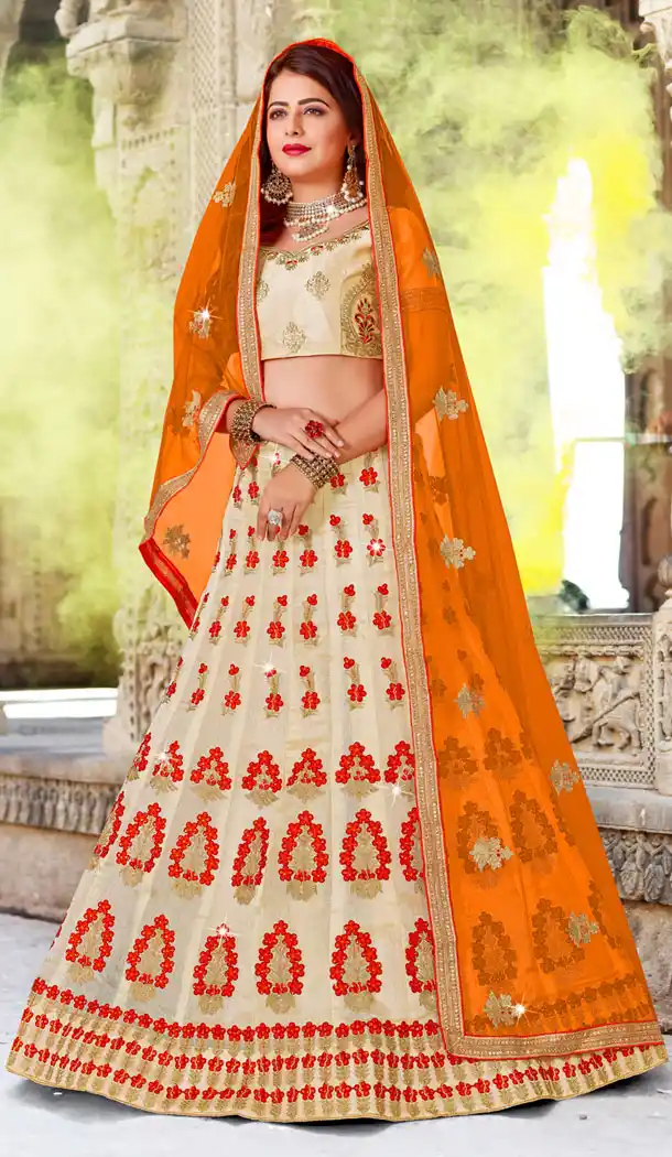 Chic Beige Color Organza Embroidered Party Wear Plus Size Lehenga Choli - 534865788
