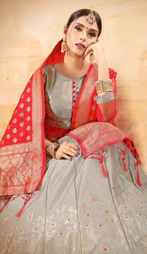 Grey Color Banarasi Silk Jacquard Treditional Wear Plus Size Lehenga Choli - 534965789