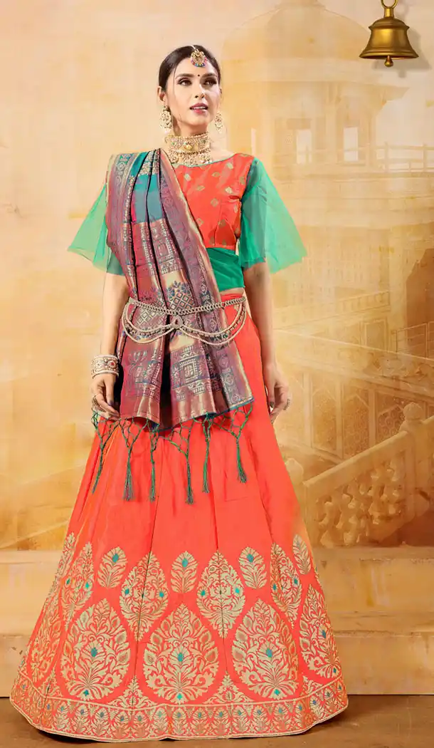 Two Tone Orange Color Banarasi Silk Jacquard Treditional Wear Plus Size Lehenga Choli - 534965790