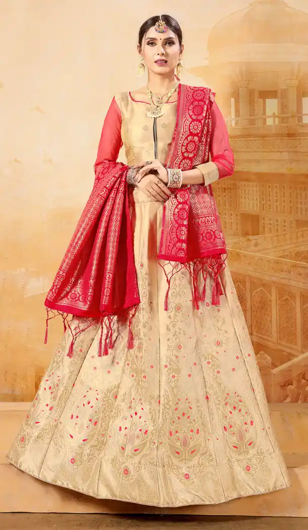 Tantalizing Beige Color Banarasi Silk Jacquard Treditional Wear Plus Size Lehenga Choli - 534965793