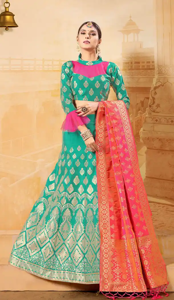 Charming Green Color Banarasi Silk Jacquard Treditional Wear Plus Size Lehenga Choli - 534965794