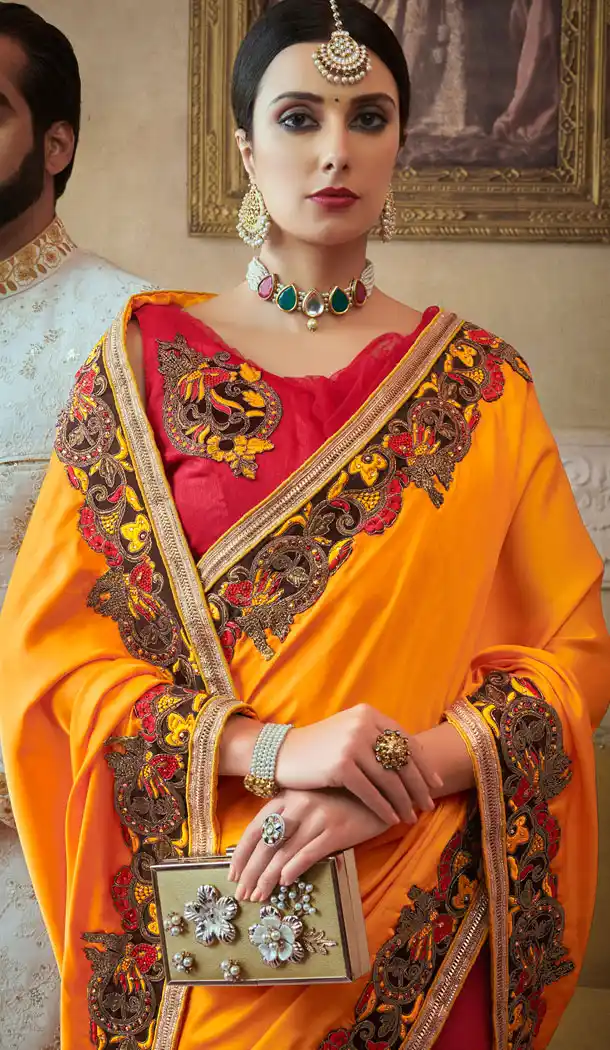 Yellow And Pink Georgette Treditional Designer Plus Size Saris - 535265808