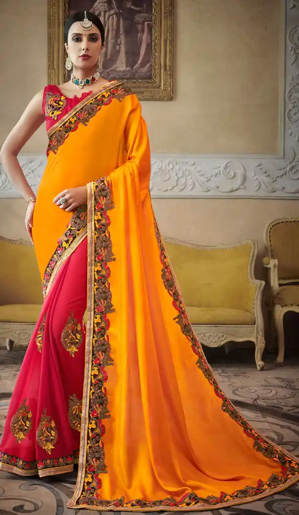 Yellow And Pink Georgette Treditional Designer Plus Size Saris - 535265808