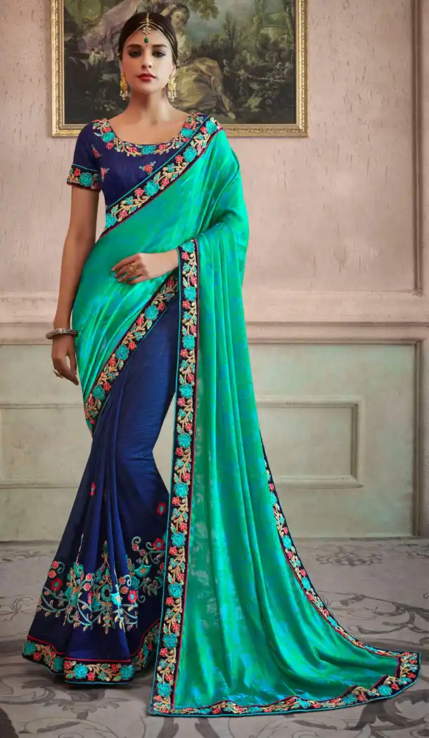 Two Tone Green And Blue Georgette Treditional Designer Plus Size Saris - 535265810
