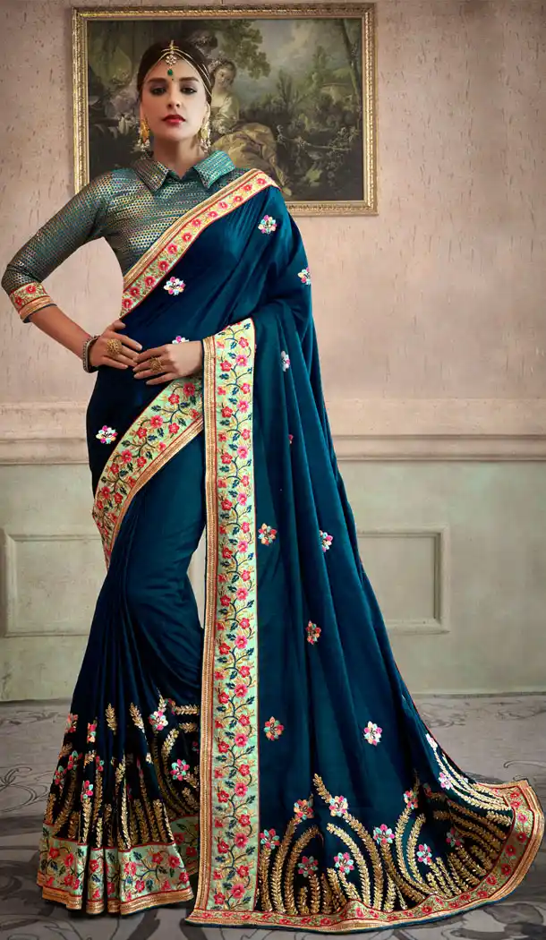 Dark Blue Georgette Treditional Designer Plus Size Saris - 535265812