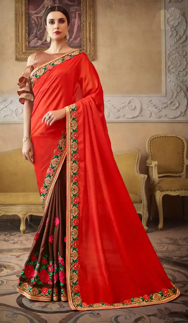 Red And Brown Georgette Treditional Designer Plus Size Saris - 535265813