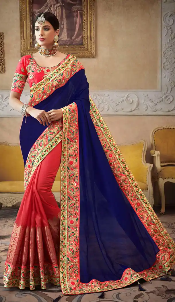 Blue And Pink Georgette Treditional Designer Plus Size Saris - 535265814