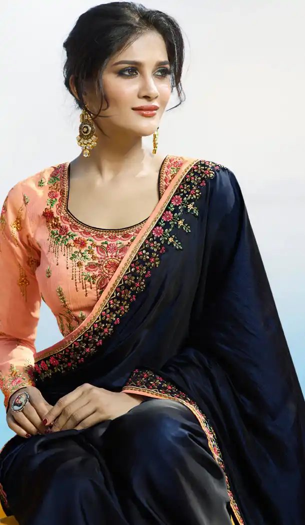 Navy Blue Color Fancy Fabric Embroidered Designer Saris - 533965643