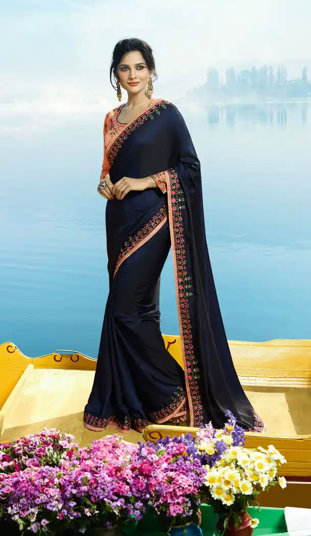Navy Blue Color Fancy Fabric Embroidered Designer Saris - 533965643
