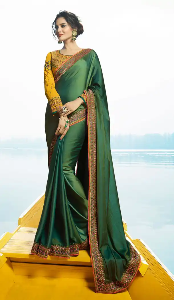 Elegant Green Color Fancy Fabric Embroidered Designer Saris - 533965645