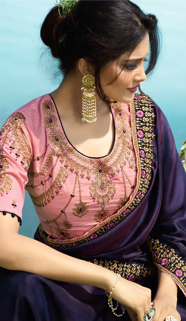 Two Tone Purple Color Fancy Fabric Embroidered Designer Saris - 533965646