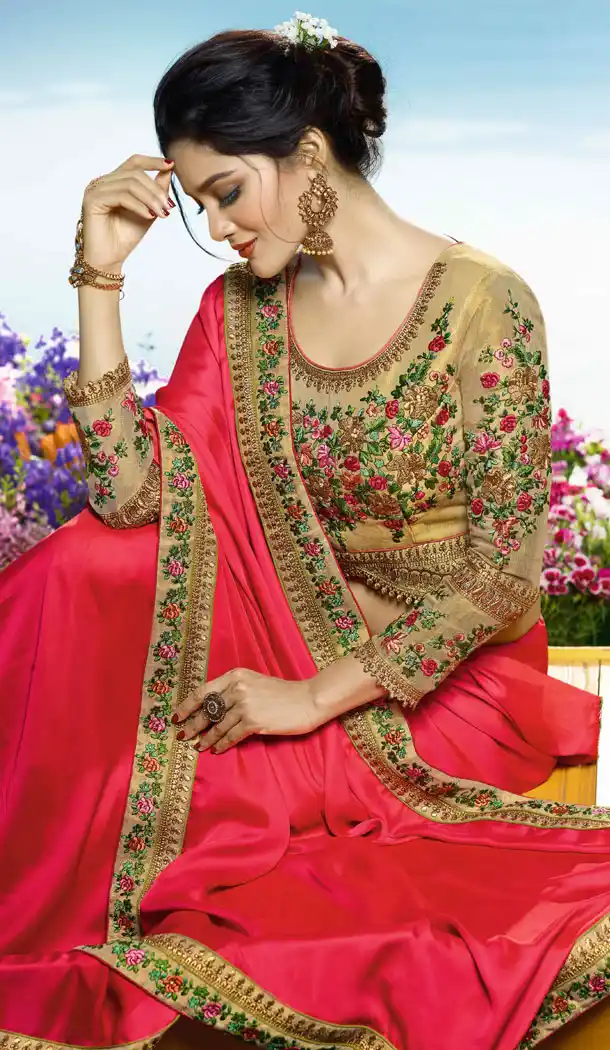 Pink Color Fancy Fabric Embroidered Designer Saris - 533965647