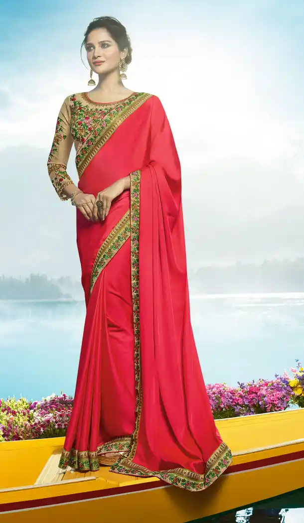 Pink Color Fancy Fabric Embroidered Designer Saris - 533965647