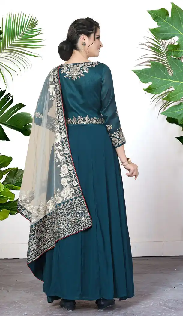 Fascinating Rama Color Faux Georgette Party Wear Long Salwar Kameez - 535865897