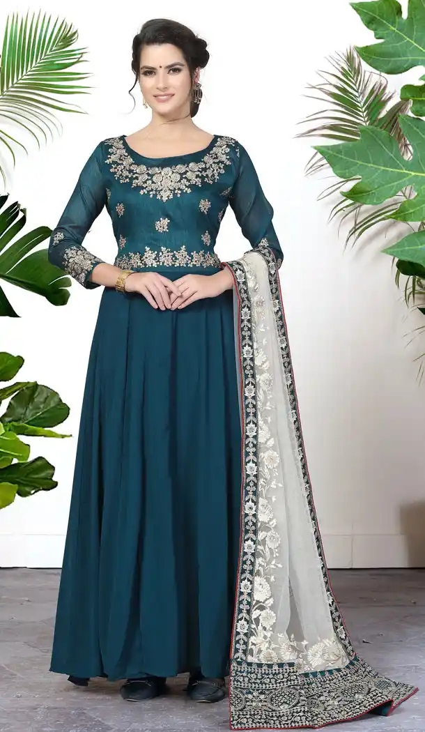 Fascinating Rama Color Faux Georgette Party Wear Long Salwar Kameez - 535865897
