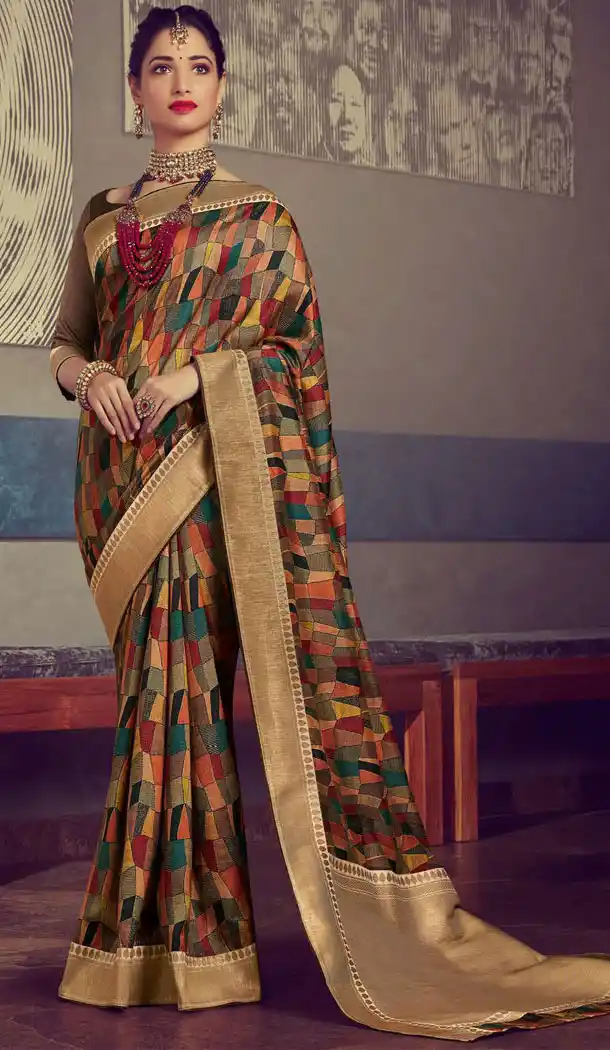 Celebrity Tamannaah Bhatia Brown Color Crepe Silk Designer Saree 536065927