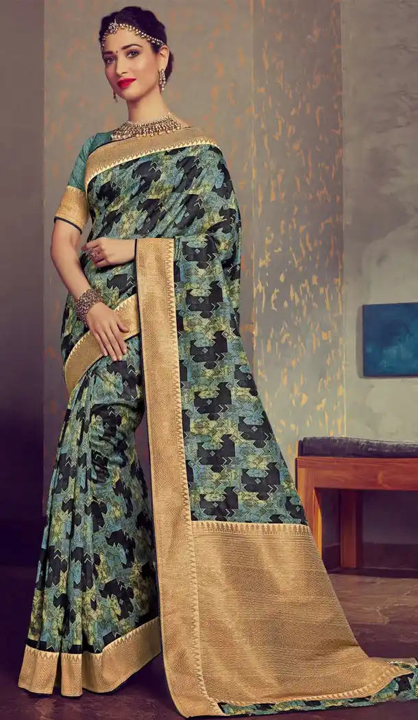 Celebrity Tamannaah Bhatia Sea Blue Color Crepe Silk Designer Saree 536065932