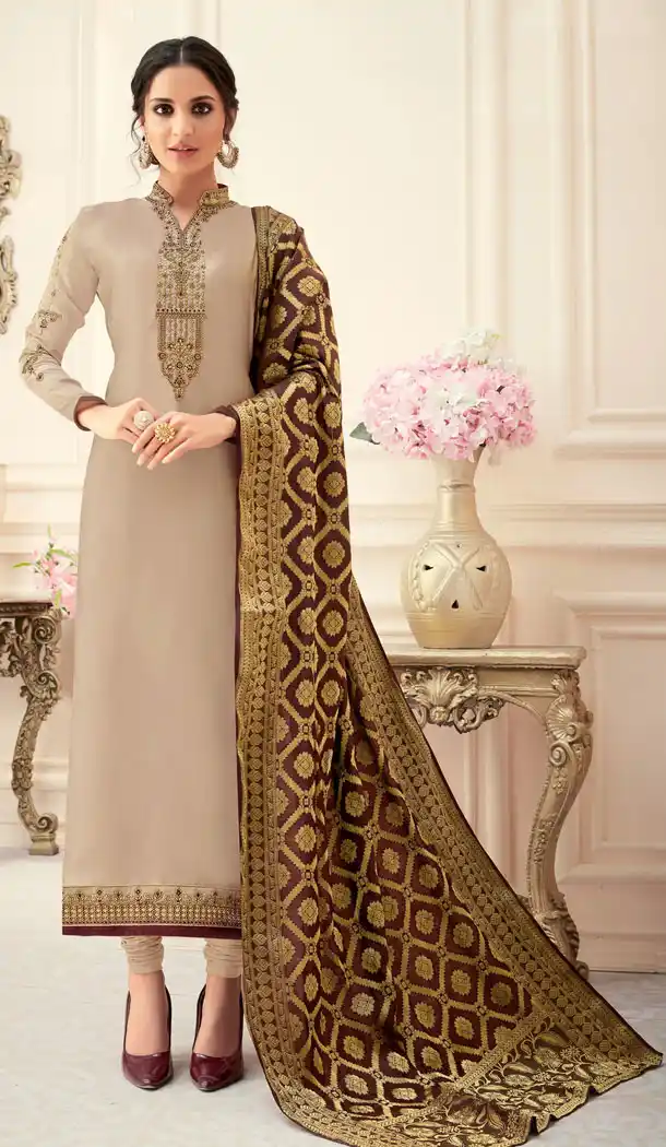 Exquisite Beige Color Satin Georgette Party Plus Size Salwar Kameez - 536966015