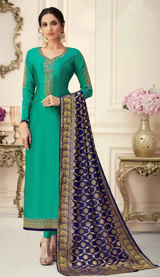 Ravishing Sea Green Color Satin Georgette Party Plus Size Salwar Kameez - 536966016