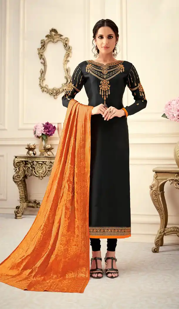 Splendorous Black Color Satin Georgette Party Plus Size Salwar Kameez - 536966017