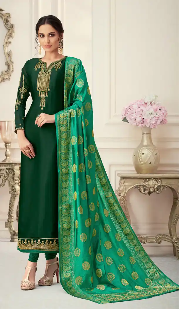 Unique Green Color Satin Georgette Party Plus Size Salwar Kameez - 536966018