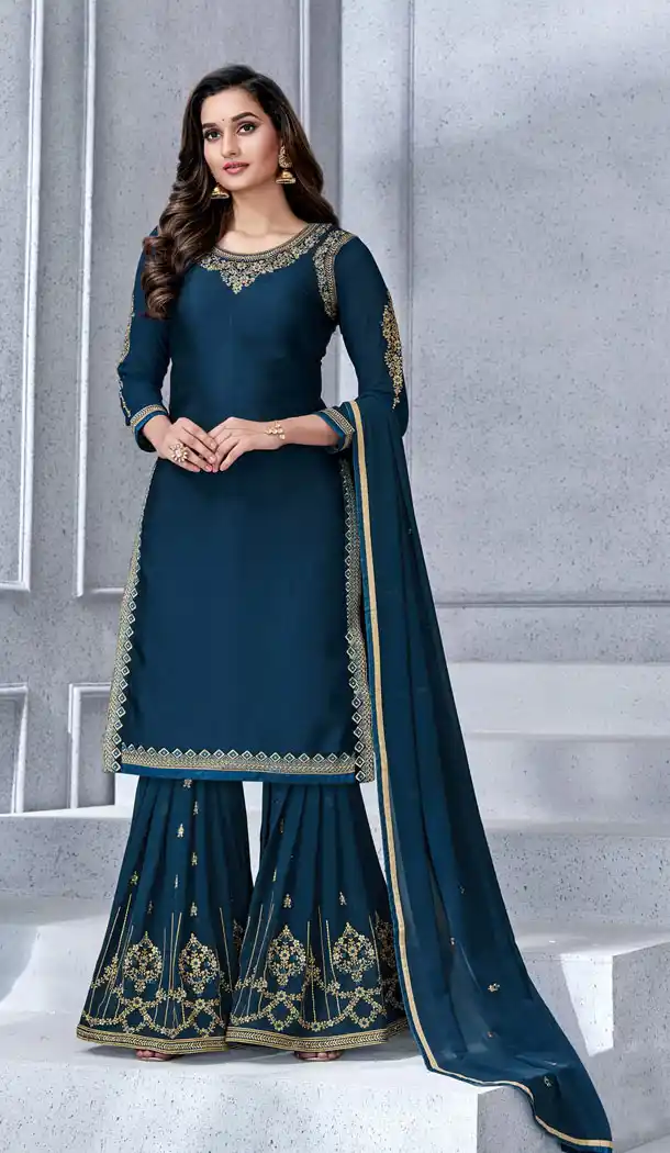 Blue Color Faux Georgette Party Wear Sharara Salwar Kameez - 537166026
